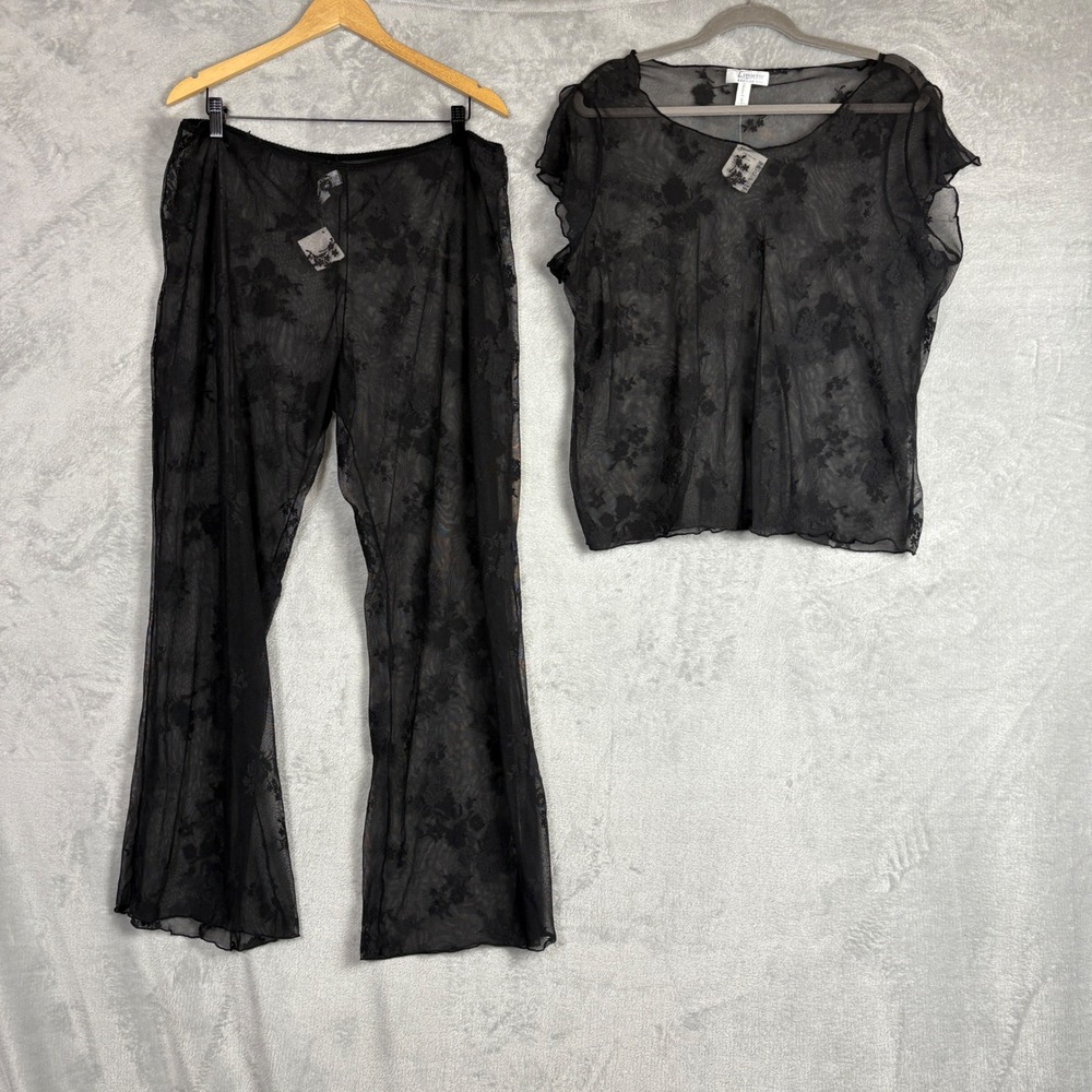 Vintage Addition Elle Lingerie Set 2X Black Sheer Floral Mesh Witchy Dead Stock